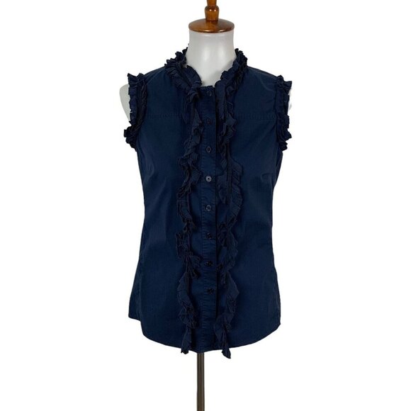 Tory Burch Sleeveless Top 4 Navy Ruffle Trim Button Down Career Chic - Picture 1 of 7